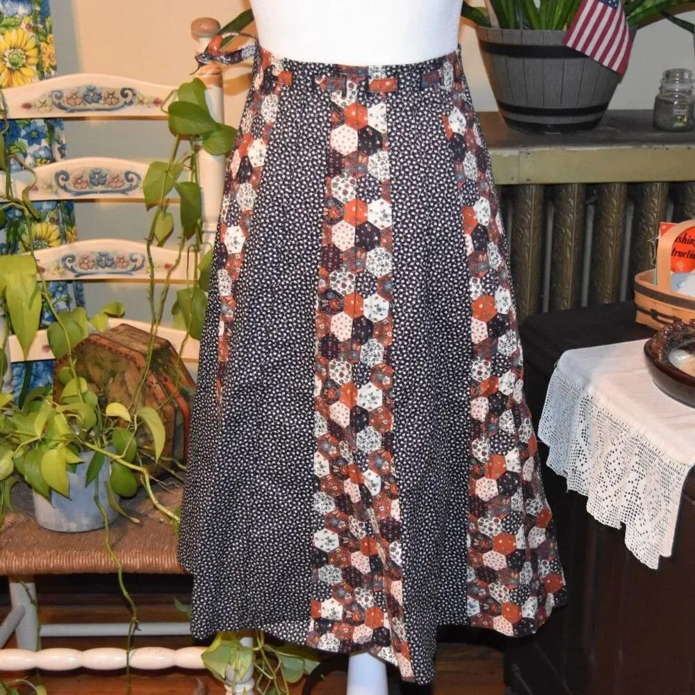 Vintage 1970s Mademoiselle Boho Prairie Skirt Patchwork Style Floral Size XS